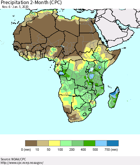 Africa Precipitation 2-Month (CPC) Thematic Map For 11/6/2019 - 1/5/2020