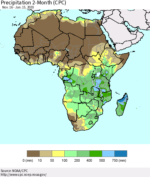 Africa Precipitation 2-Month (CPC) Thematic Map For 11/16/2019 - 1/15/2020