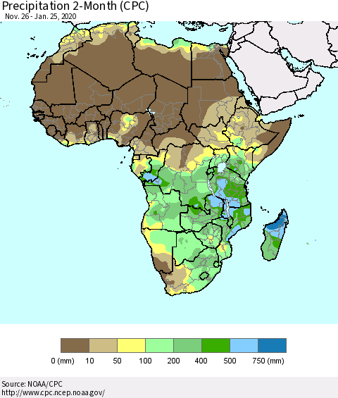 Africa Precipitation 2-Month (CPC) Thematic Map For 11/26/2019 - 1/25/2020