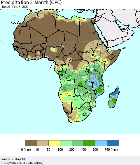 Africa Precipitation 2-Month (CPC) Thematic Map For 12/6/2019 - 2/5/2020