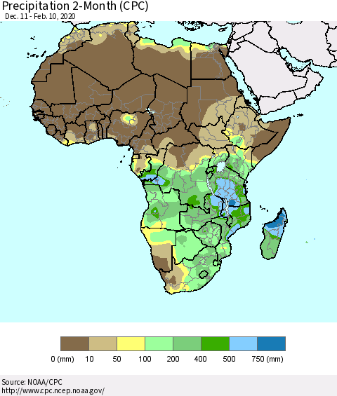 Africa Precipitation 2-Month (CPC) Thematic Map For 12/11/2019 - 2/10/2020
