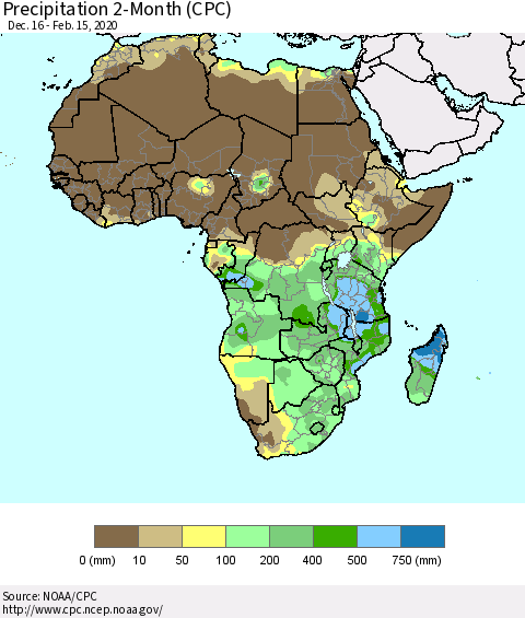 Africa Precipitation 2-Month (CPC) Thematic Map For 12/16/2019 - 2/15/2020