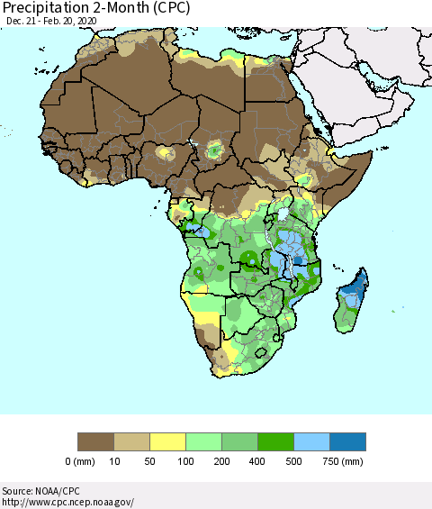 Africa Precipitation 2-Month (CPC) Thematic Map For 12/21/2019 - 2/20/2020