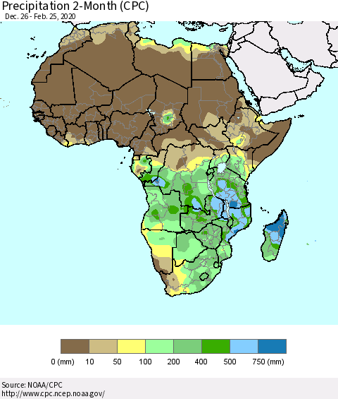 Africa Precipitation 2-Month (CPC) Thematic Map For 12/26/2019 - 2/25/2020