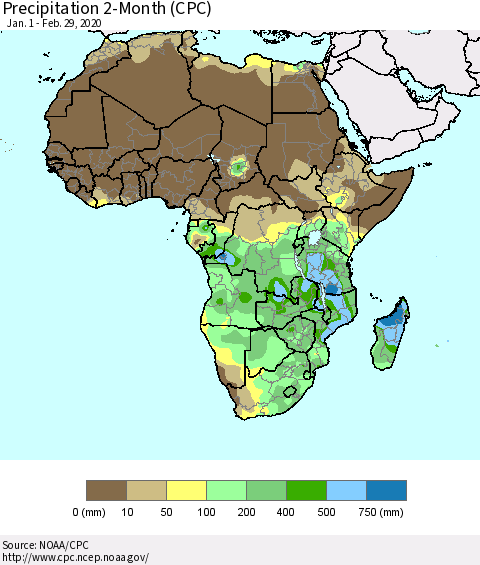 Africa Precipitation 2-Month (CPC) Thematic Map For 1/1/2020 - 2/29/2020