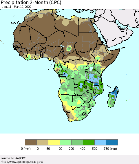 Africa Precipitation 2-Month (CPC) Thematic Map For 1/11/2020 - 3/10/2020