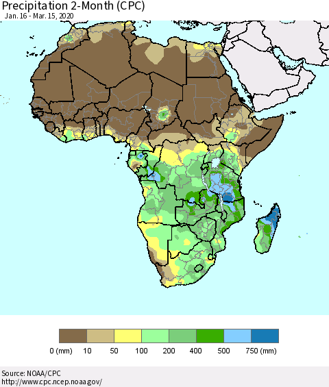 Africa Precipitation 2-Month (CPC) Thematic Map For 1/16/2020 - 3/15/2020