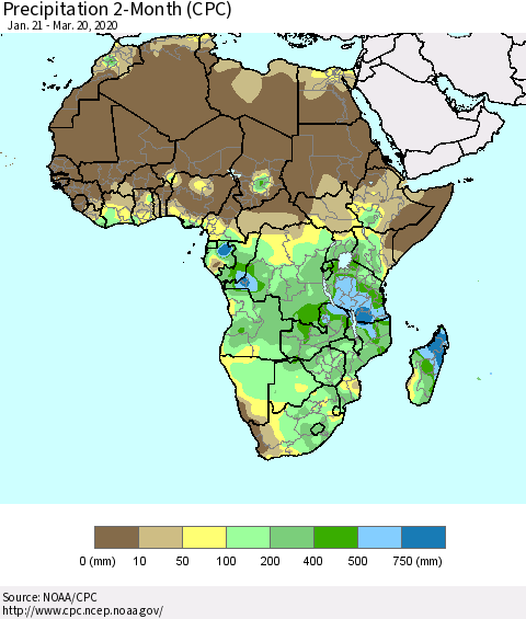 Africa Precipitation 2-Month (CPC) Thematic Map For 1/21/2020 - 3/20/2020