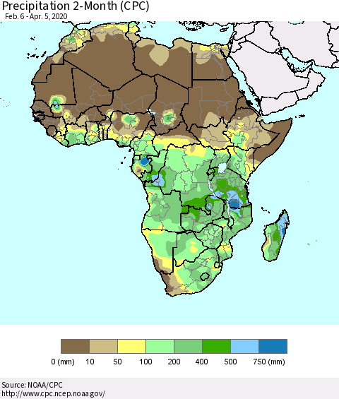 Africa Precipitation 2-Month (CPC) Thematic Map For 2/6/2020 - 4/5/2020