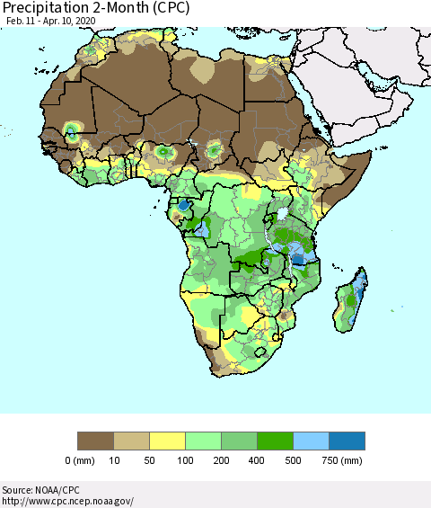 Africa Precipitation 2-Month (CPC) Thematic Map For 2/11/2020 - 4/10/2020