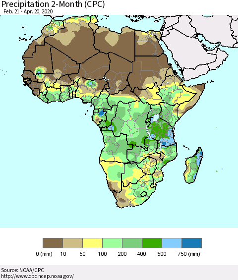 Africa Precipitation 2-Month (CPC) Thematic Map For 2/21/2020 - 4/20/2020