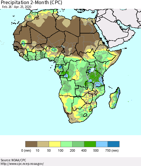 Africa Precipitation 2-Month (CPC) Thematic Map For 2/26/2020 - 4/25/2020