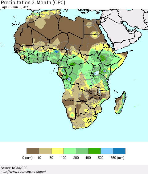 Africa Precipitation 2-Month (CPC) Thematic Map For 4/6/2020 - 6/5/2020