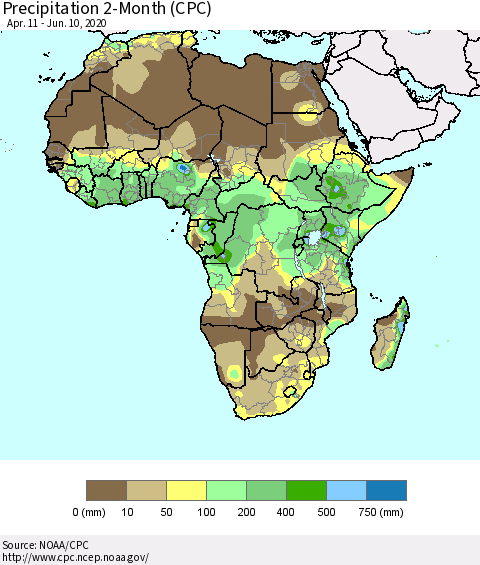 Africa Precipitation 2-Month (CPC) Thematic Map For 4/11/2020 - 6/10/2020