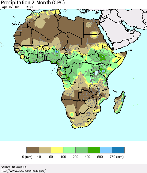 Africa Precipitation 2-Month (CPC) Thematic Map For 4/16/2020 - 6/15/2020