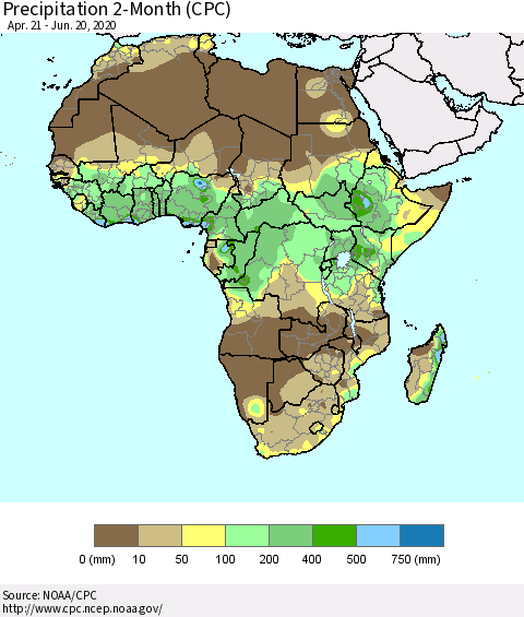 Africa Precipitation 2-Month (CPC) Thematic Map For 4/21/2020 - 6/20/2020