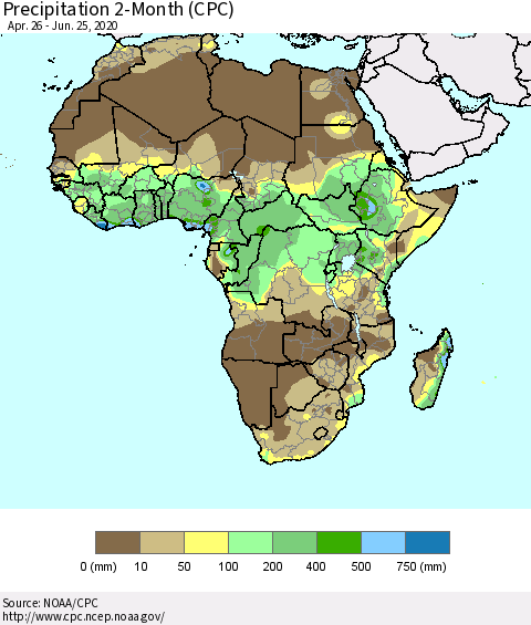 Africa Precipitation 2-Month (CPC) Thematic Map For 4/26/2020 - 6/25/2020