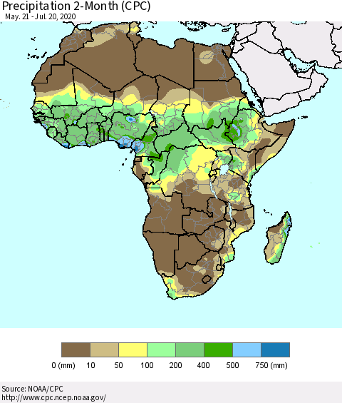 Africa Precipitation 2-Month (CPC) Thematic Map For 5/21/2020 - 7/20/2020