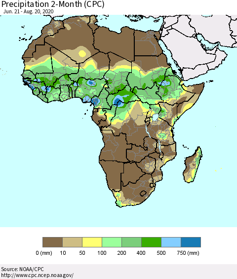 Africa Precipitation 2-Month (CPC) Thematic Map For 6/21/2020 - 8/20/2020