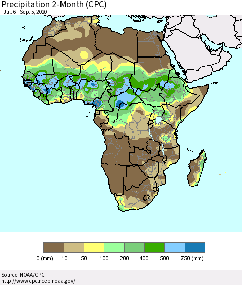 Africa Precipitation 2-Month (CPC) Thematic Map For 7/6/2020 - 9/5/2020