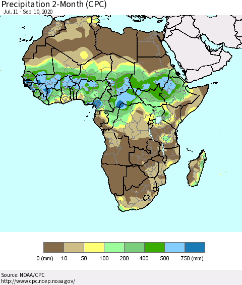Africa Precipitation 2-Month (CPC) Thematic Map For 7/11/2020 - 9/10/2020