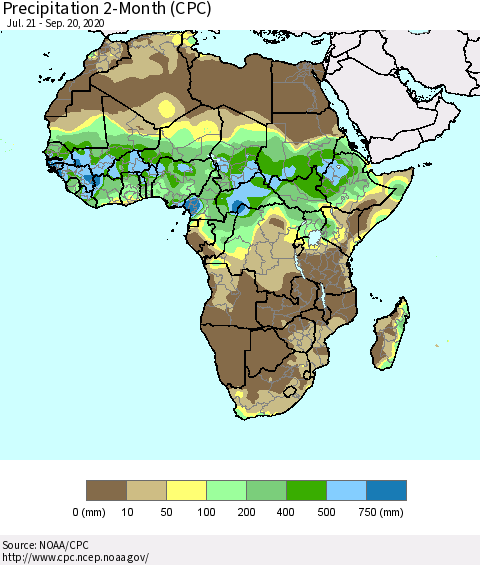 Africa Precipitation 2-Month (CPC) Thematic Map For 7/21/2020 - 9/20/2020