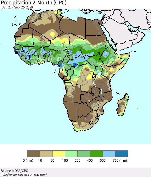 Africa Precipitation 2-Month (CPC) Thematic Map For 7/26/2020 - 9/25/2020