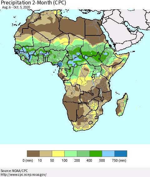 Africa Precipitation 2-Month (CPC) Thematic Map For 8/6/2020 - 10/5/2020