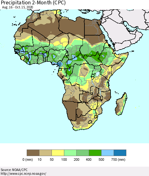 Africa Precipitation 2-Month (CPC) Thematic Map For 8/16/2020 - 10/15/2020