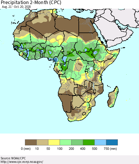 Africa Precipitation 2-Month (CPC) Thematic Map For 8/21/2020 - 10/20/2020