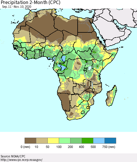 Africa Precipitation 2-Month (CPC) Thematic Map For 9/11/2020 - 11/10/2020