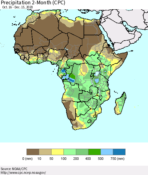 Africa Precipitation 2-Month (CPC) Thematic Map For 10/16/2020 - 12/15/2020