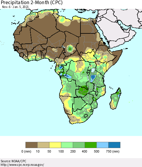 Africa Precipitation 2-Month (CPC) Thematic Map For 11/6/2020 - 1/5/2021