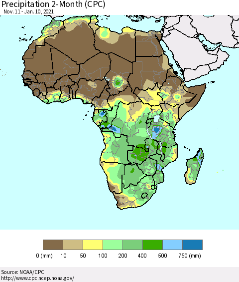 Africa Precipitation 2-Month (CPC) Thematic Map For 11/11/2020 - 1/10/2021