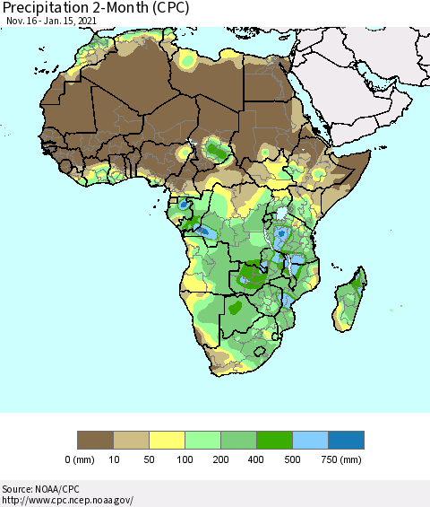 Africa Precipitation 2-Month (CPC) Thematic Map For 11/16/2020 - 1/15/2021