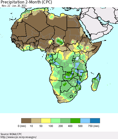 Africa Precipitation 2-Month (CPC) Thematic Map For 11/21/2020 - 1/20/2021