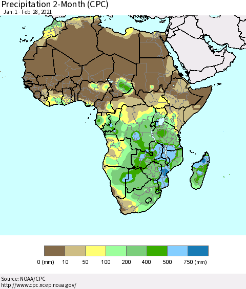 Africa Precipitation 2-Month (CPC) Thematic Map For 1/1/2021 - 2/28/2021