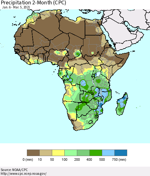 Africa Precipitation 2-Month (CPC) Thematic Map For 1/6/2021 - 3/5/2021
