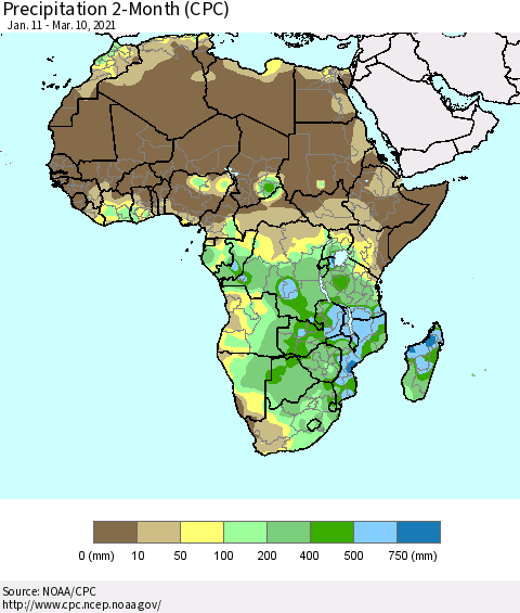 Africa Precipitation 2-Month (CPC) Thematic Map For 1/11/2021 - 3/10/2021