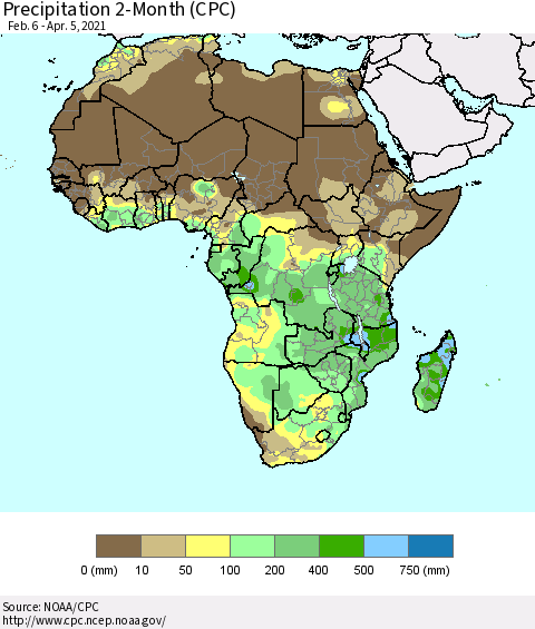 Africa Precipitation 2-Month (CPC) Thematic Map For 2/6/2021 - 4/5/2021