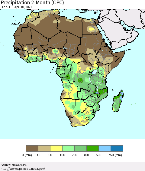 Africa Precipitation 2-Month (CPC) Thematic Map For 2/11/2021 - 4/10/2021