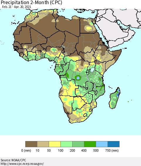 Africa Precipitation 2-Month (CPC) Thematic Map For 2/21/2021 - 4/20/2021