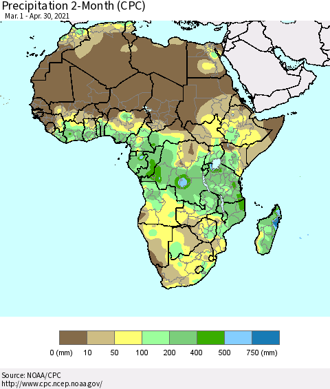 Africa Precipitation 2-Month (CPC) Thematic Map For 3/1/2021 - 4/30/2021