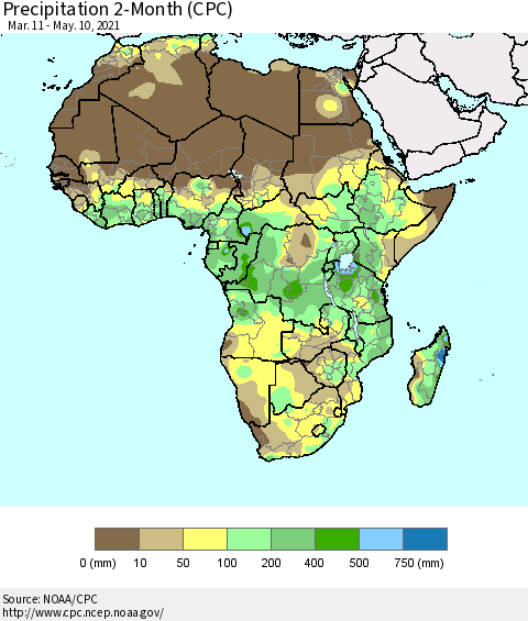 Africa Precipitation 2-Month (CPC) Thematic Map For 3/11/2021 - 5/10/2021