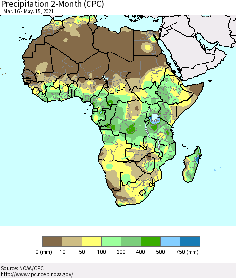 Africa Precipitation 2-Month (CPC) Thematic Map For 3/16/2021 - 5/15/2021