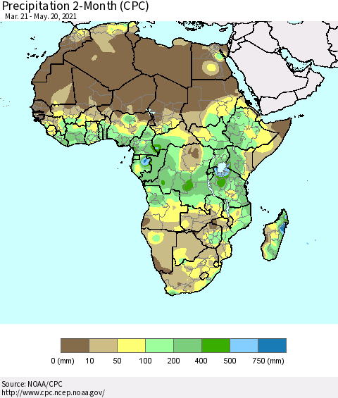 Africa Precipitation 2-Month (CPC) Thematic Map For 3/21/2021 - 5/20/2021
