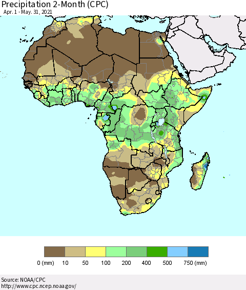 Africa Precipitation 2-Month (CPC) Thematic Map For 4/1/2021 - 5/31/2021