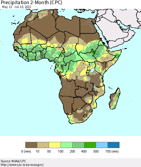 Africa Precipitation 2-Month (CPC) Thematic Map For 5/11/2021 - 7/10/2021