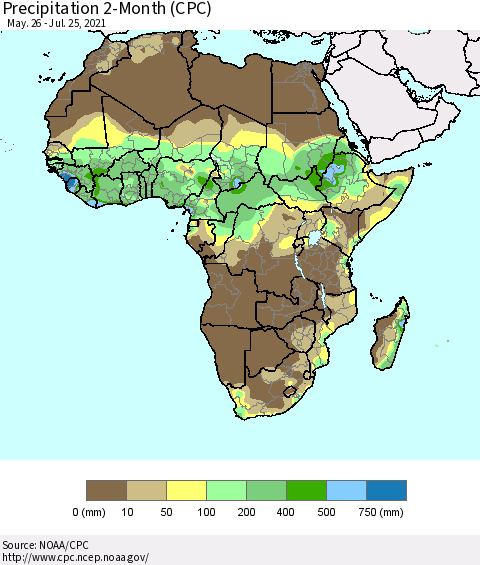 Africa Precipitation 2-Month (CPC) Thematic Map For 5/26/2021 - 7/25/2021