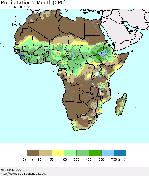 Africa Precipitation 2-Month (CPC) Thematic Map For 6/1/2021 - 7/31/2021